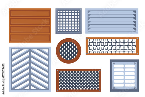 Set of ventilation grilles in cartoon style. Vector illustration of steel, metal ventilation shutters with holes, different designs and shapes: square, rectangular, round isolated on white background.