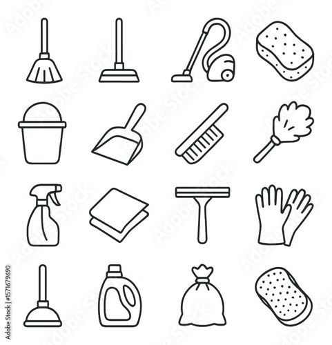Cleaning tools collection, home maintenance icons. housekeeping and sanitation symbols set