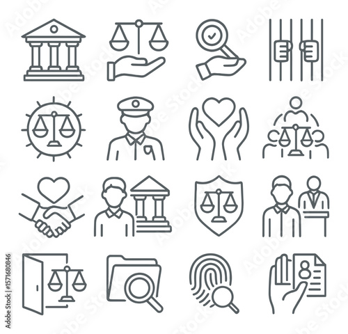 Justice policy icons collection, legal and law symbols. court and justice design set