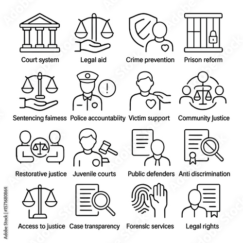 Justice icon collection, legal aid and court system symbols. crime prevention set