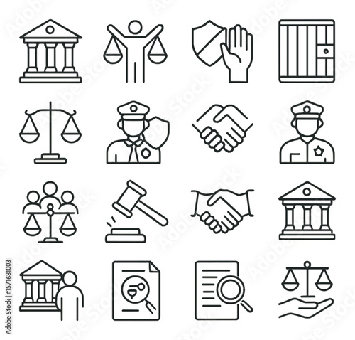 Justice icons collection, legal and law symbols. court and attorney essentials set