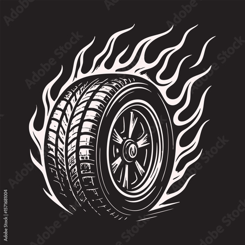 Flaming Wheel Illustration Bold Graphic Design for Automotive and Speed Related Themes on Black