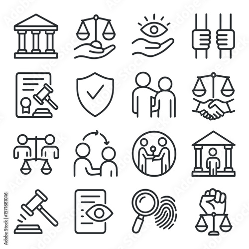 Justice system icon collection, legal symbols and courtroom graphics for law design