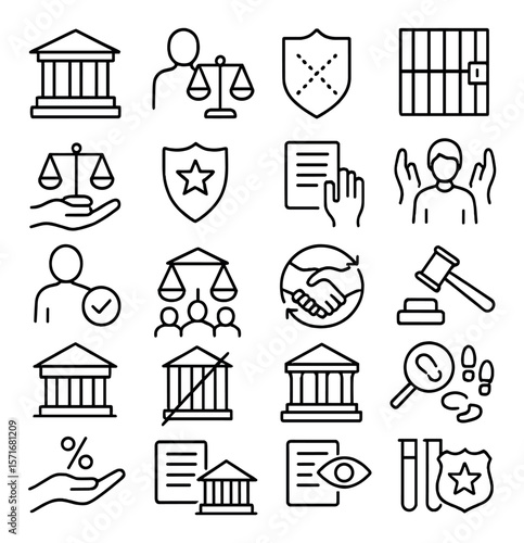 Justice and law collection, legal symbols. court and legal proceedings design set