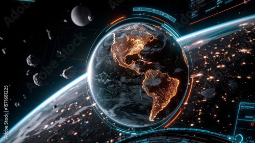 Futuristic Earth observation display showing nighttime city lights from a spaceship's cockpit view.