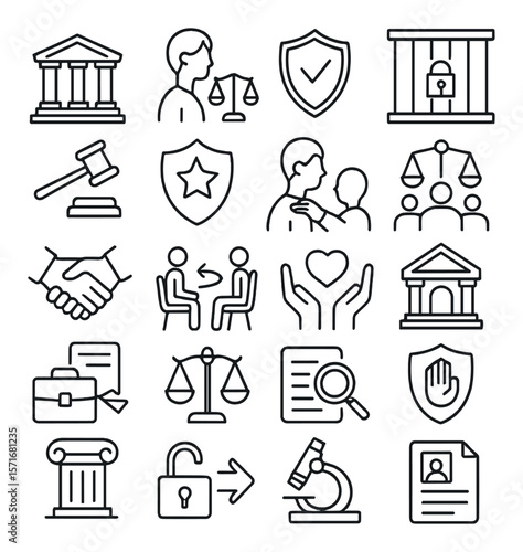 Justice and policy icon collection, legal symbols for law and order set