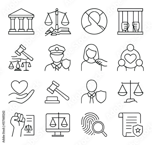 Justice and law collection, legal icon set. policy and courtroom symbols