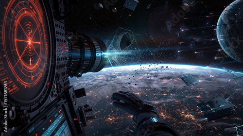 Fototapeta Naklejka Na Ścianę i Meble -  Inside spaceship viewing screen showing battle with missiles heading towards earth atmosphere and satellites.