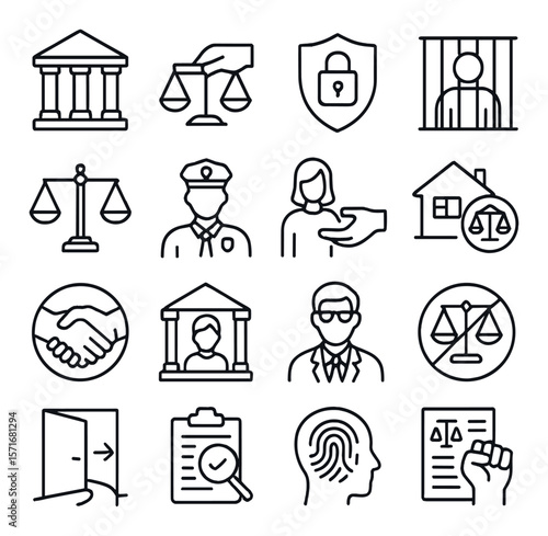 Justice and legal icon collection, law symbols set. legal system and justice themes