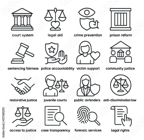 Justice icons collection, law and fairness symbols. legal aid and rights design set