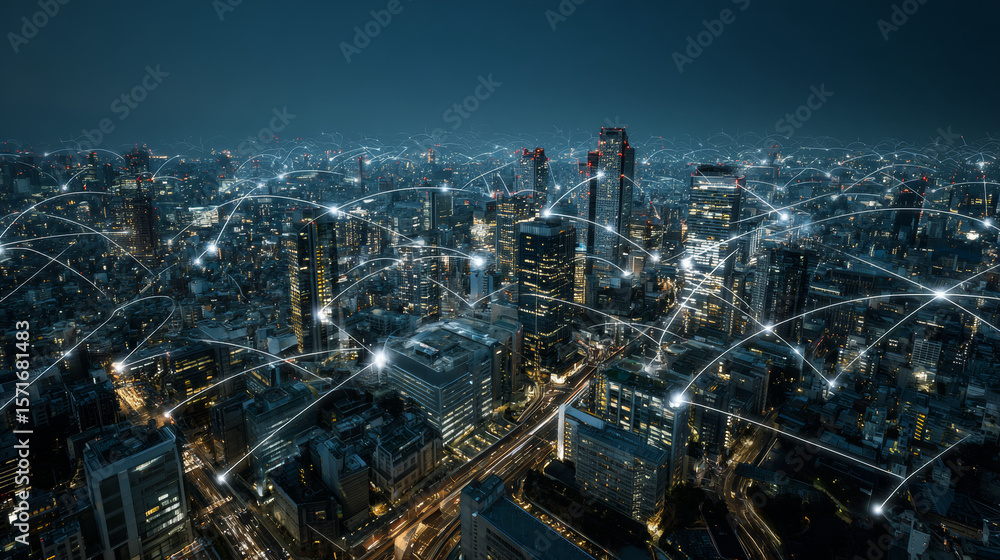 Fototapeta premium Modern city with wireless network connection and city scape concept.Wireless network and Connection technology concept with city background at night.
