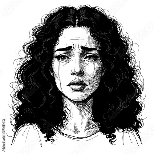 Sad young woman with curly hair expressing sorrow on white background