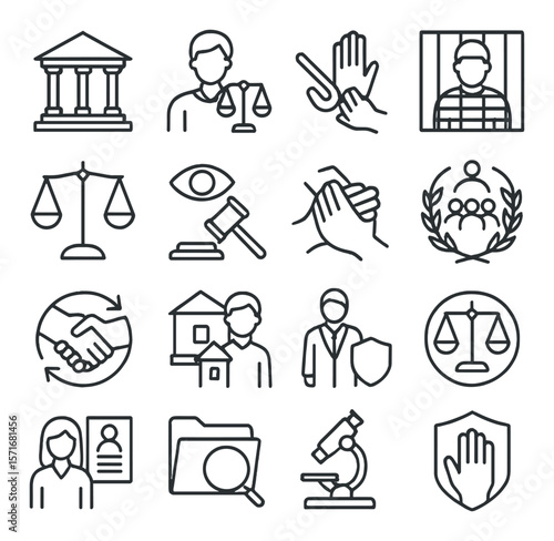 Justice system icon collection, law and legal symbols. court and judiciary set