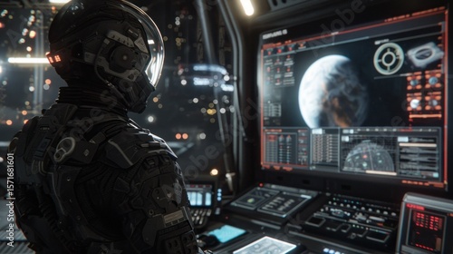 Solitary Astronaut Navigating Through Deep Space, Analyzing Distant Planet From Advanced Cockpit Systems.