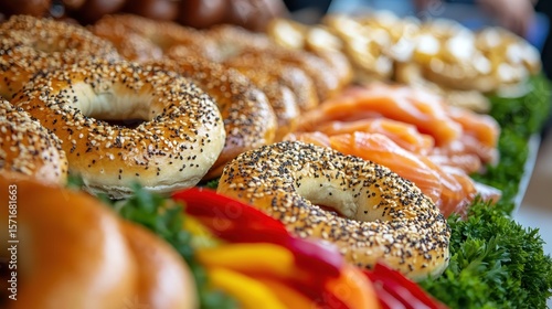 Freshly Baked Bagels with Spreads and Colorful Vegetables on Display