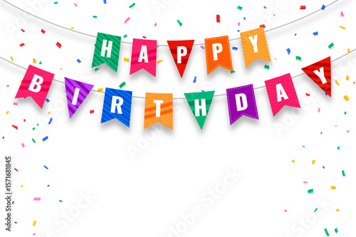 Colorful happy birthday bunting flags with falling confetti on white background