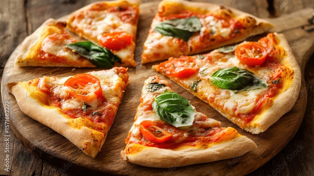 Freshly Baked Pizza Slices on Wooden Board with Basil and Tomatoes Freshly Baked Pizza Slices on Wooden Board with Basil and Tomatoes