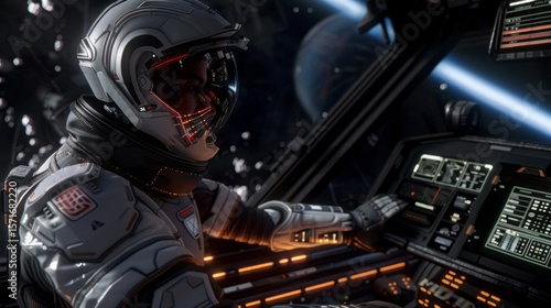 Immersive depiction of a futuristic astronaut piloting a spacecraft through the vast cosmos expertly.