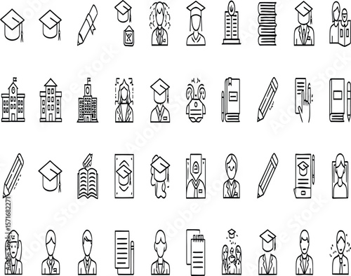 Education Icons Array: A meticulously curated collection of education-themed icons, ideal for various digital and print applications.
