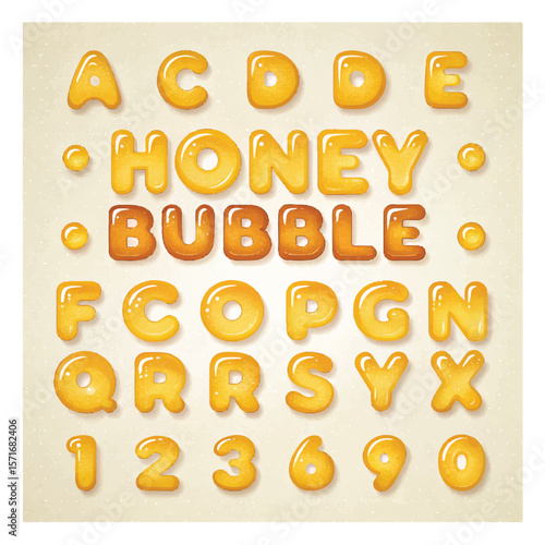Glossy honey bubble font. Inflated alphabet, 3D yellow balloon letters and numbers. Vector set