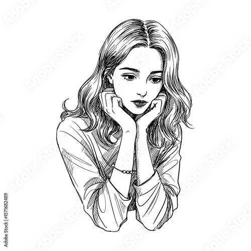 Thoughtful young woman with wavy hair resting her chin on hands on white background