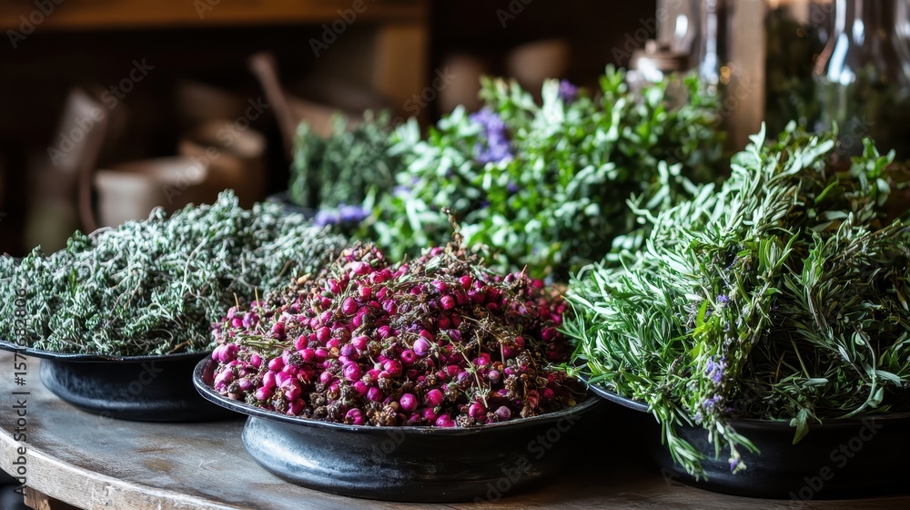 Freshly Gathered Herbs and Botanicals on Rustic Wooden Table Freshly Gathered Herbs and Botanicals on Rustic Wooden Table