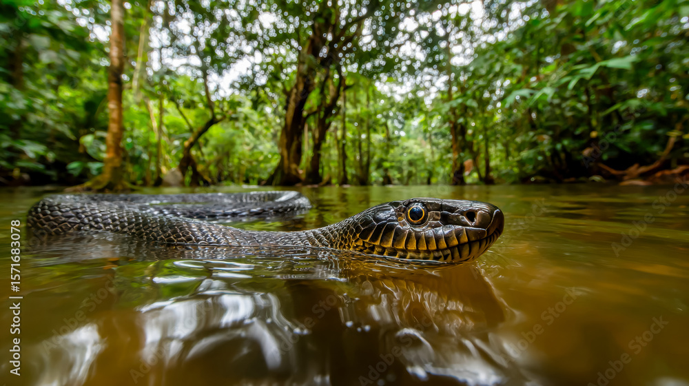 Fototapeta premium Crocodile resting in a jungle river with lush greenery in the background