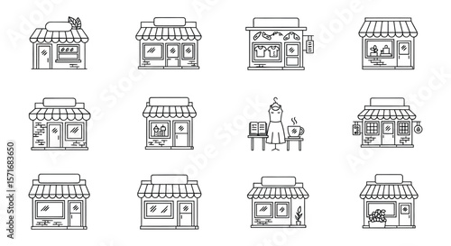 Icon set of various storefronts including coffee shop, convenience store, and retail outlets