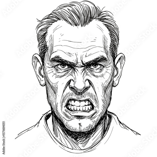 Angry middle-aged man with short hair expressing rage on white background