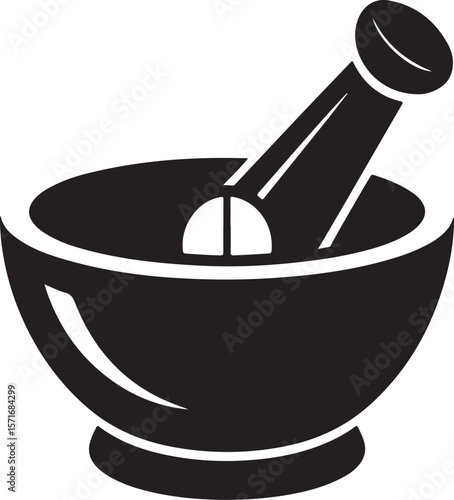 Black silhouette of a mortar and pestle on a white background