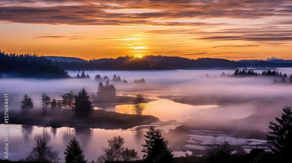 Fototapeta premium A serene sunrise over a misty river, the sky ablaze with orange and blue hues, creating a stunning reflection on the calm water as the forest awakens