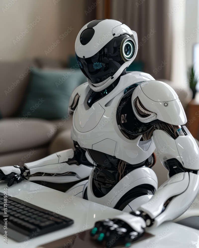 Fototapeta premium Humanoid robot ai collaborating with human at keyboard symbolizing future work and job automation