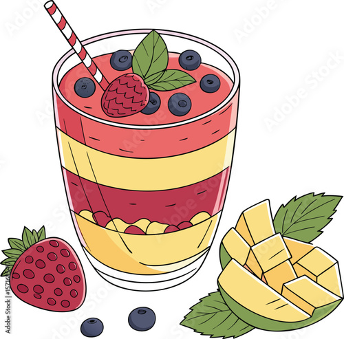 Layered Berry Mango Smoothie Illustration with Fruits and Straw

