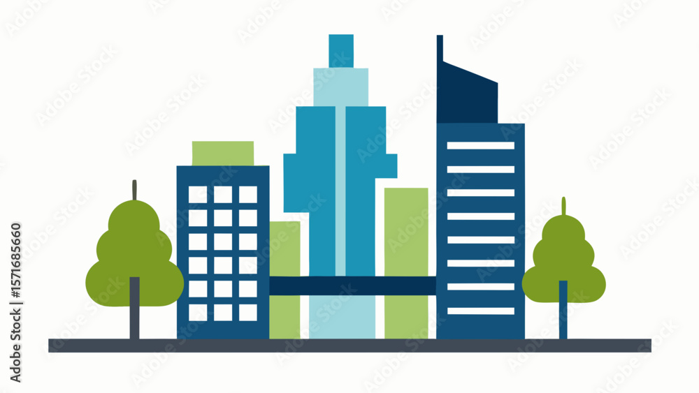 Obraz premium Green city skyline with buildings and trees, an urban vector illustration of a sustainable town