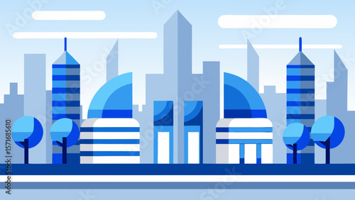 Blue urban skyline with towering buildings and a clear sky, a symbol of modern city architecture