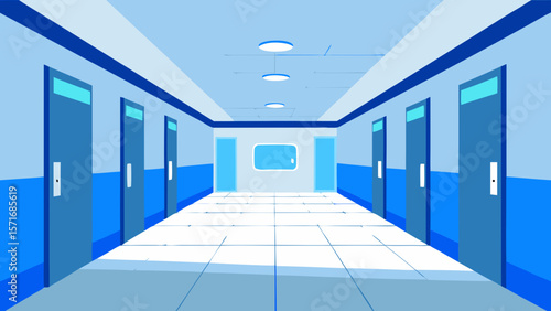 Modern architectural interior features an empty blue corridor or hallway with a distant door and clean, long walls, creating a striking perspective within the office building
