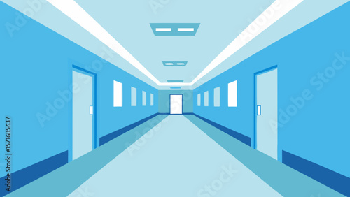 Blue, light-filled tunnel in an empty office building corridor with modern interior architecture