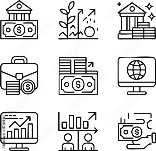 Financial Growth Icons Investment, Banking, and Wealth Management EPS Vector Illustrations