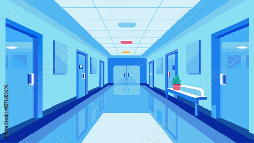 Modern building interior with an empty blue corridor and bright ceiling lights