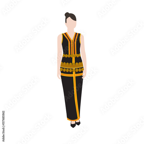 Vector flat illustration. Malaysian Sabahan woman wearing traditional attire called Baju Kadazan
