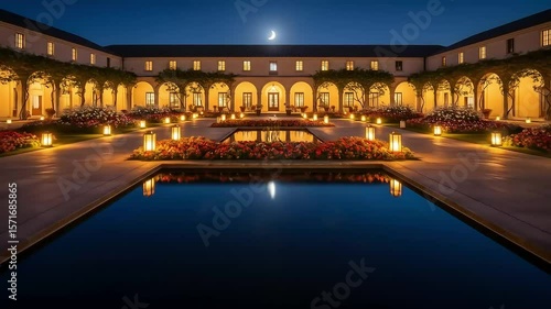 Crescent Moon Reflected in a Courtyard Pond at Night