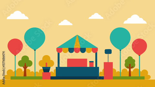 A vibrant summer illustration depicts people on the beach and children playing on a playground, all set within a charming village landscape with cartoon houses, trees, and a bright blue sky with fluff