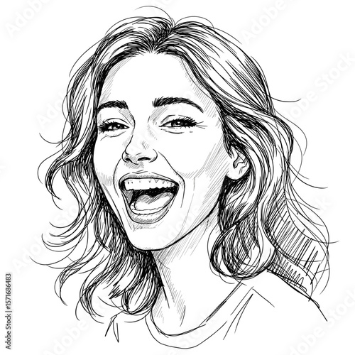 Happy young woman with wavy hair laughing joyfully on white background