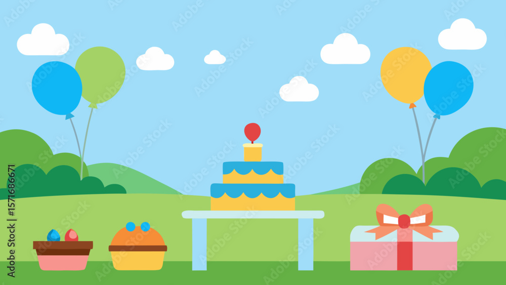 Naklejka premium Happy birthday cartoon illustration featuring a cake with candles and balloons in a vibrant park landscape with a rainbow, sun,