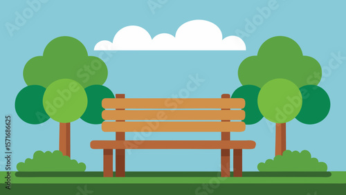 A wooden park bench sits on green grass under a blue sky with fluffy clouds, surrounded by nature in the summer landscape