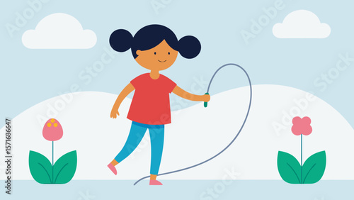 Cute cartoon illustration of a little girl with a heart, playing with a flower