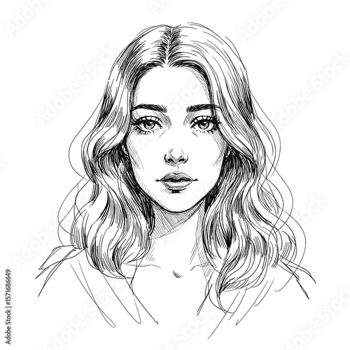 Calm indifferent young woman with wavy hair looking straight on white background