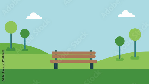 A lone park bench under a tree in a summer landscape with a green meadow and blue sky