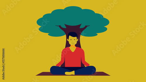 Pink cartoon vector illustration of a woman in a yoga pose meditating on a tree