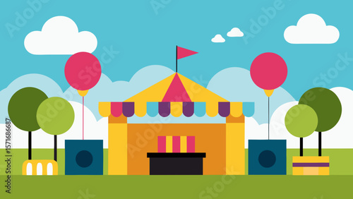Vector illustration of a whimsical castle house in a park landscape with trees, clouds, and a bright summer sky